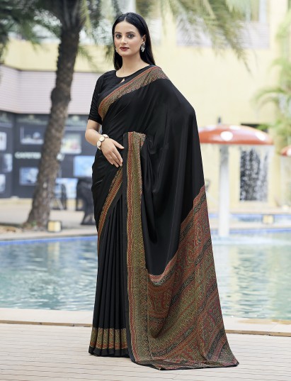 Black printed crepe silk casual saree with contrast border and pallu