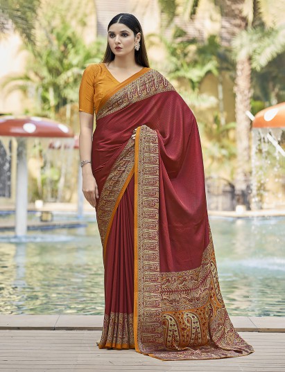 Red printed crepe silk casual saree with contrast border and pallu