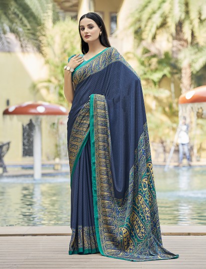 Blue printed crepe silk casual saree with contrast border and pallu