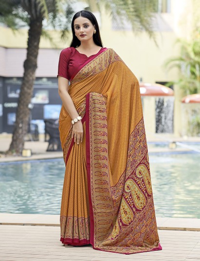 Mustard yellow printed crepe silk casual saree with contrast border and pallu