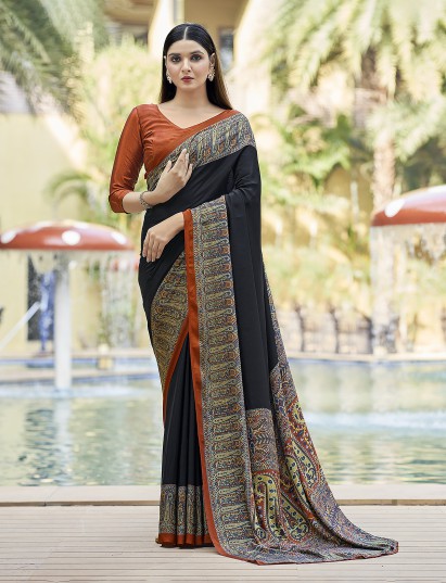 Black printed crepe silk casual saree with unstitched blouse