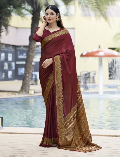 Maroon printed crepe silk casual saree with contrast border and pallu