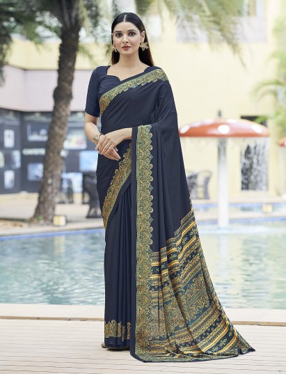 Navy printed crepe silk casual saree with contrast border and pallu