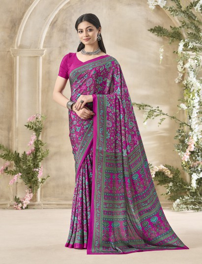 Rani pink floral printed crepe silk elegant everyday casual wear saree