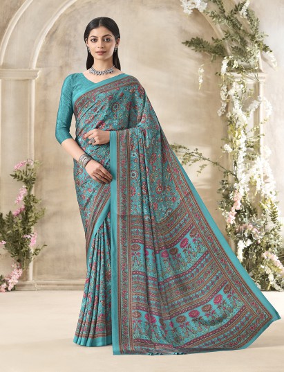 Aqua blue floral printed crepe silk elegant casual wear saree design