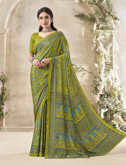 Mehendi green floral printed crepe silk stylish casual saree for women
