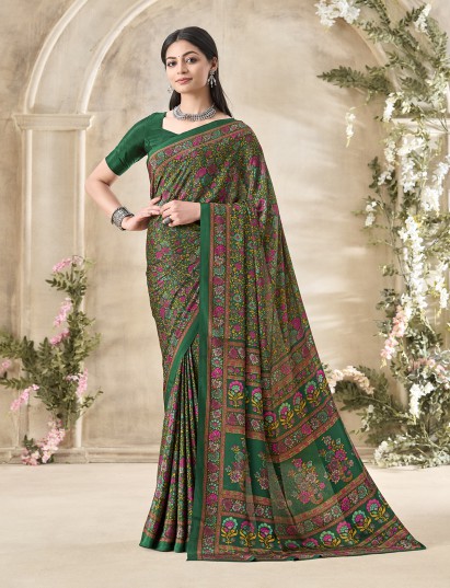 Green floral printed crepe silk elegant daily wear casual saree design