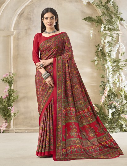 Red floral printed crepe silk graceful everyday casual wear saree design