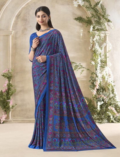 Blue floral printed crepe silk refined casual ethnic saree for women
