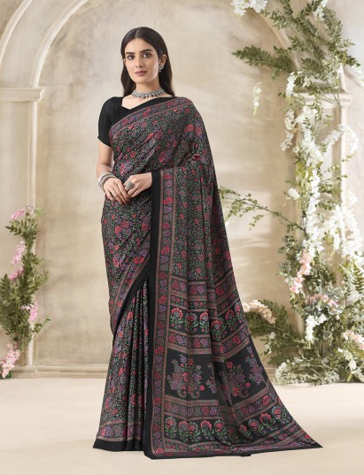 Black floral printed crepe silk timeless casual wear saree for women