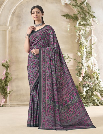 Charcoal grey floral printed crepe silk elegant casual saree for women