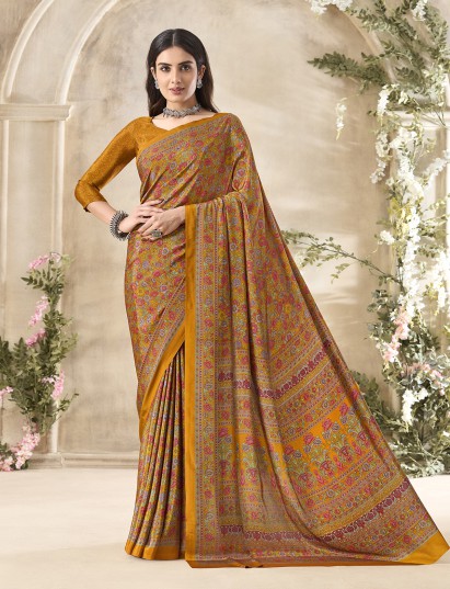 Mustard yellow floral printed crepe silk graceful casual wear saree design