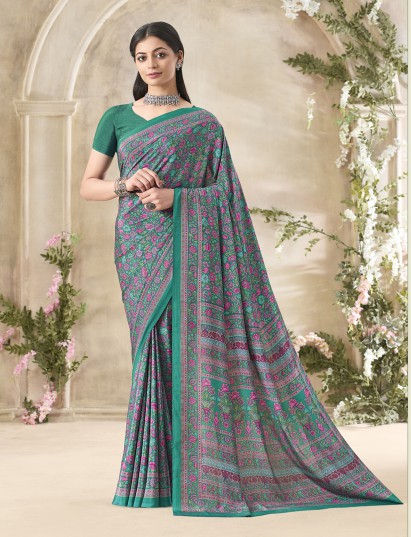 Green floral printed crepe silk stylish casual saree for everyday elegance
