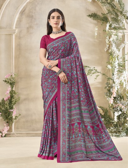Wine floral printed crepe silk elegant casual wear saree for women