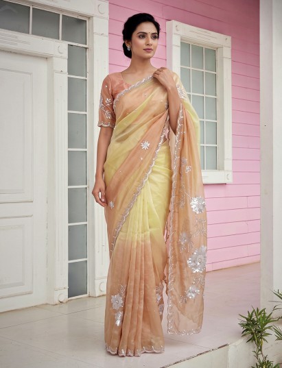 Pastel multicolor tissue silk festive saree with graceful shaded elegance