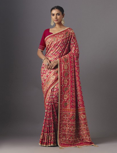 Red art silk festive saree with traditional patola animal bird motifs