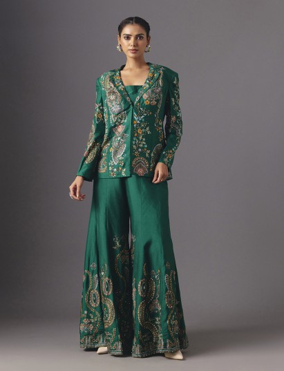 Green silk floral jacket style palazzo suit for women