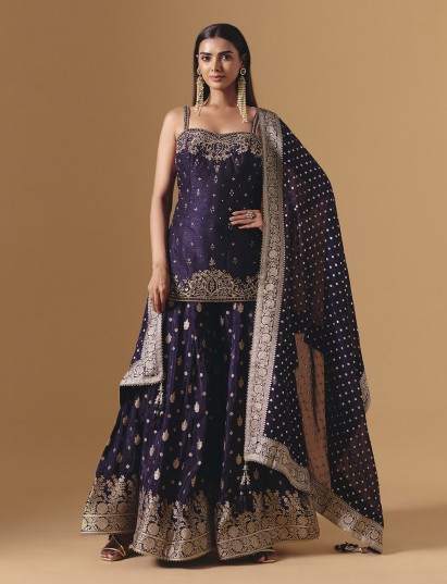 Purple raw silk festive wear palazzo suit