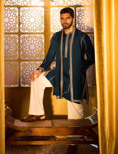 Teal blue embroidered rose silk kurta pajama
