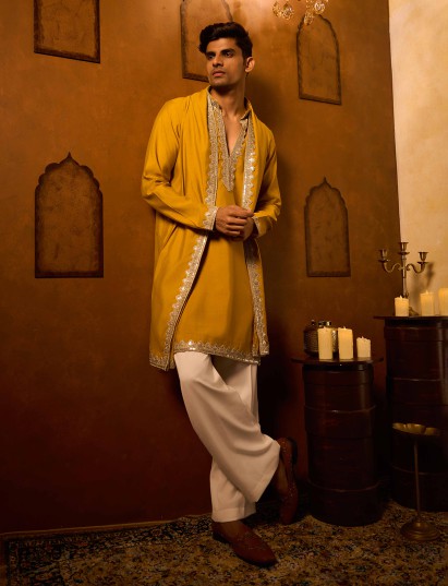Mustard yellow designer kurta pajama for haldi celebrations