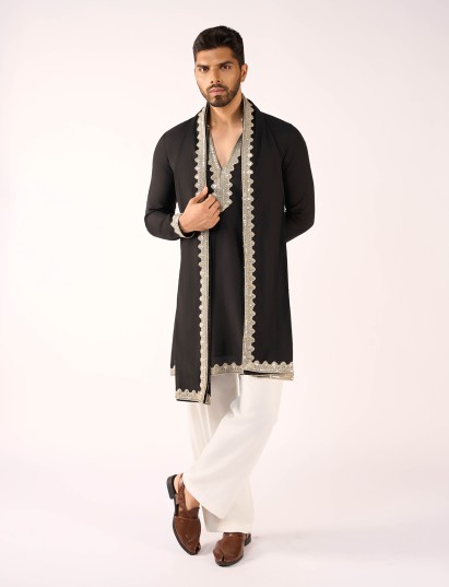 Black embroidered terry rayon celebration wear