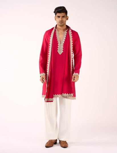 Rani pink premium terry rayon kurta suit with silk dupatta for men