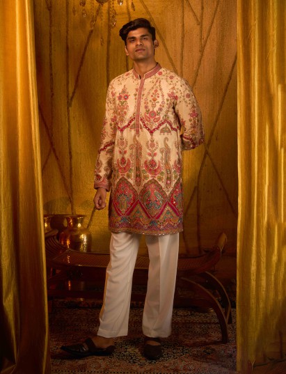 Cream viscose kurta pajama with paisley embroidery for men