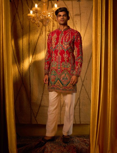 Red festive kurta suit with heritage embroidery for men