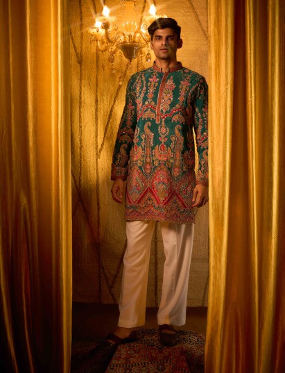 Teal blue viscose kurta pajama with heritage paisley artistry
