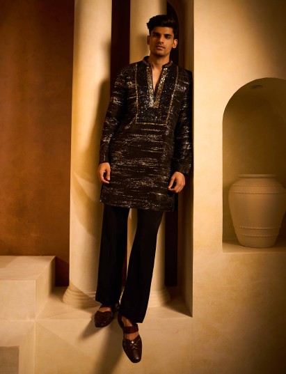 Black printed imported terry rayon kurta suit with artistic ethnic motifs