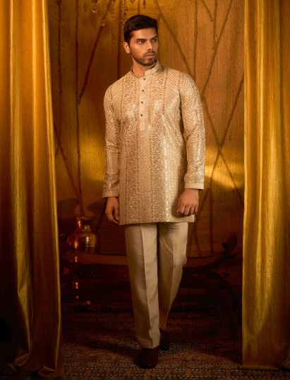 Soft ivory tissue silk kurta pajama with woven jaal detailing