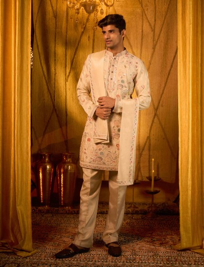 Cream tissue silk kurta pajama with multicolour artisan embroidery