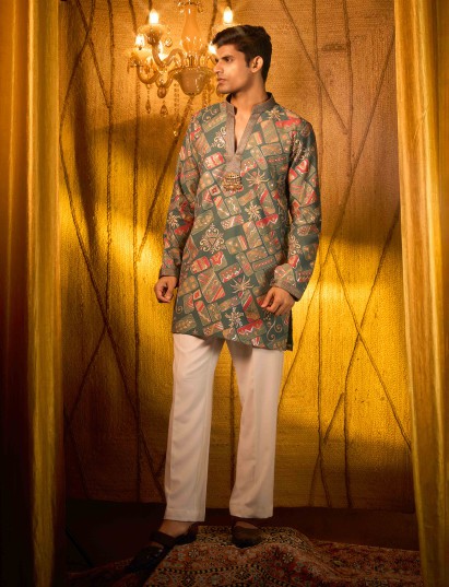 Sage green tissue silk statement designer kurta suit