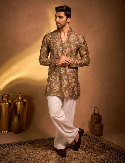 Olive green tissue silk printed heritage kurta pajama