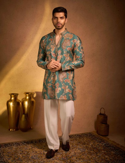 Teal green tissue silk signature festive kurta suit