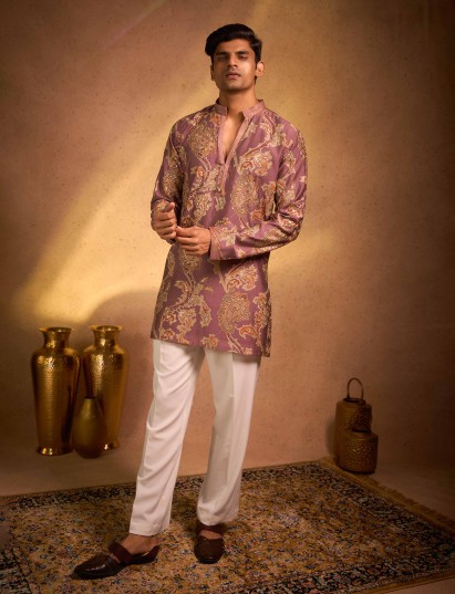Onion pink tissue silk designer heritage kurta pajama