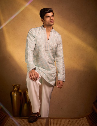 Light sky blue tissue silk festive kurta suit