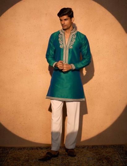 Blue soft silk handcrafted celebration kurta suit