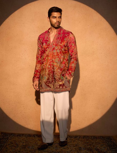 Red tissue silk heritage printed kurta suit