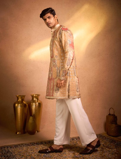 Gold tissue silk embroidered kurta pajama