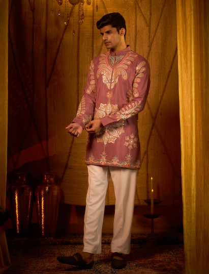 Onion pink tissue silk festive kurta suit