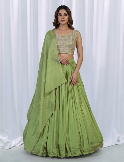 Pista green crinkle crepe silk wedding lehenga choli ensemble