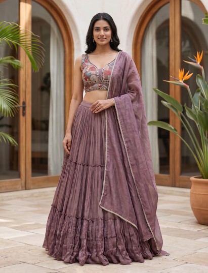 Purple mosaic embroidered crepe silk celebration lehenga attire