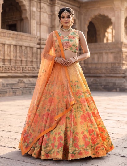 Orange heritage printed georgette silk wedding lehenga masterpiece