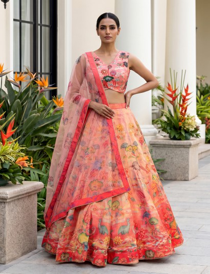 Peach floral pichwai georgette silk occasion wear lehenga
