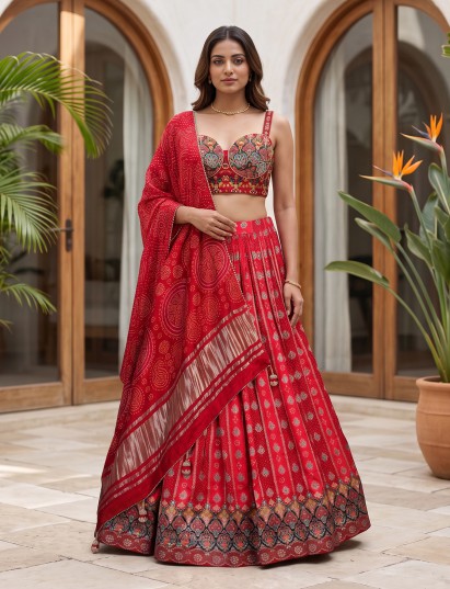 Red bandhani silk festive heritage lehenga choli
