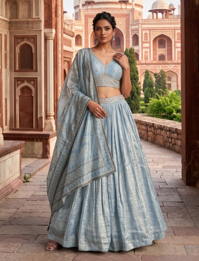 Sky blue shimmer tissue silk festive lehenga