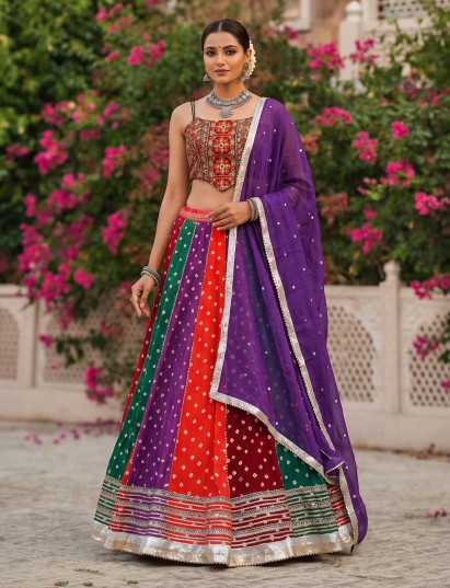 Multi colour printed cotton silk navratri lehenga ensemble