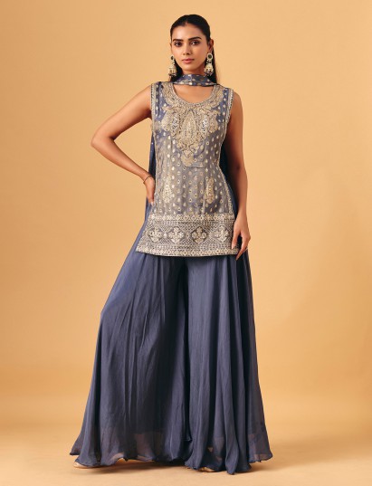 Grey chiffon georgette palazzo suit with zari work