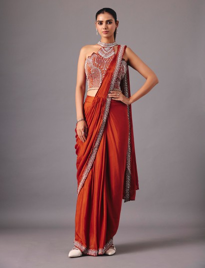Rust orange ready to wear saree with embellished halter blouse for women